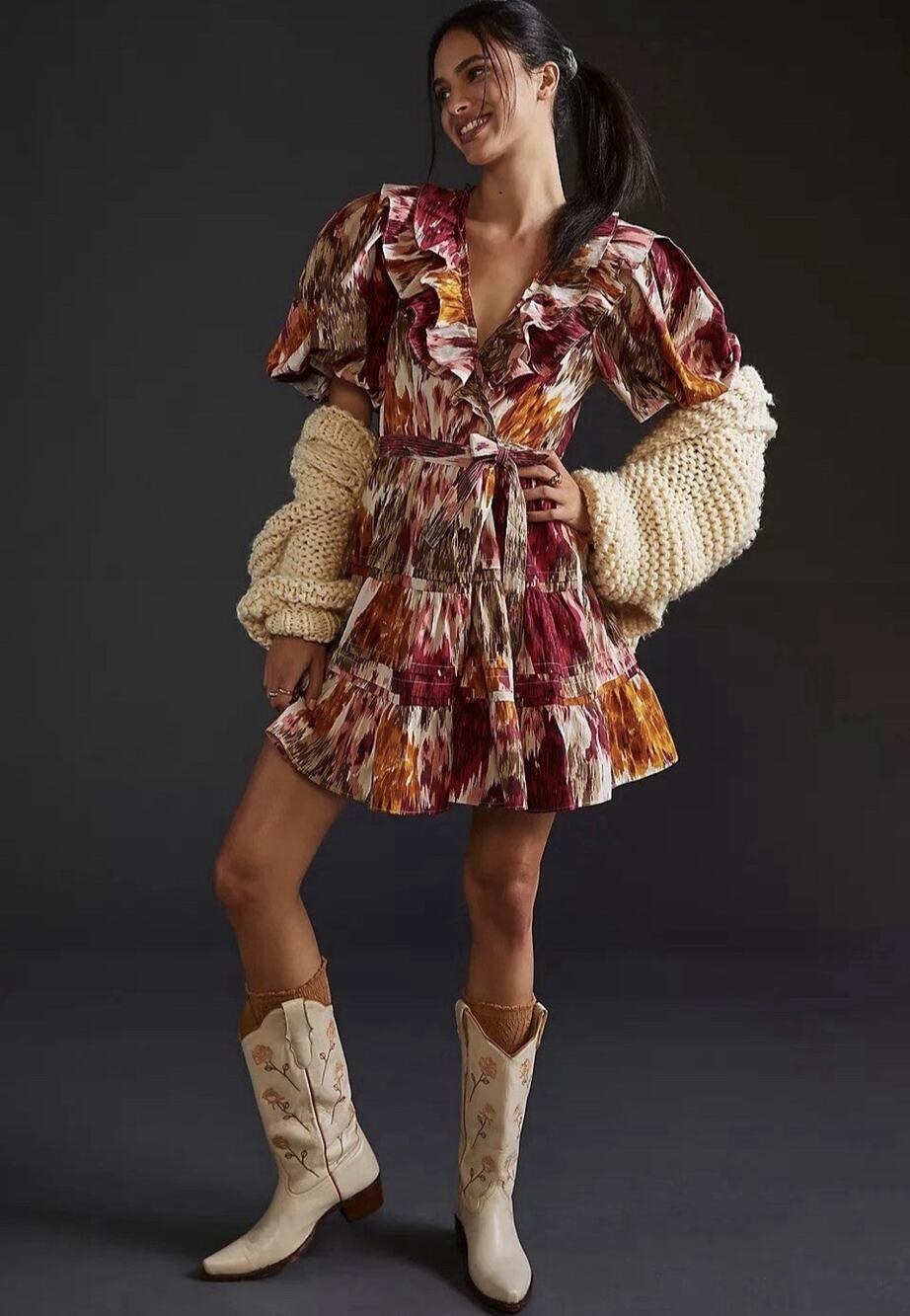 Anthropologie Love the Label Ruffled Mini Wrap Dress Ikat Large Puff Sleeve